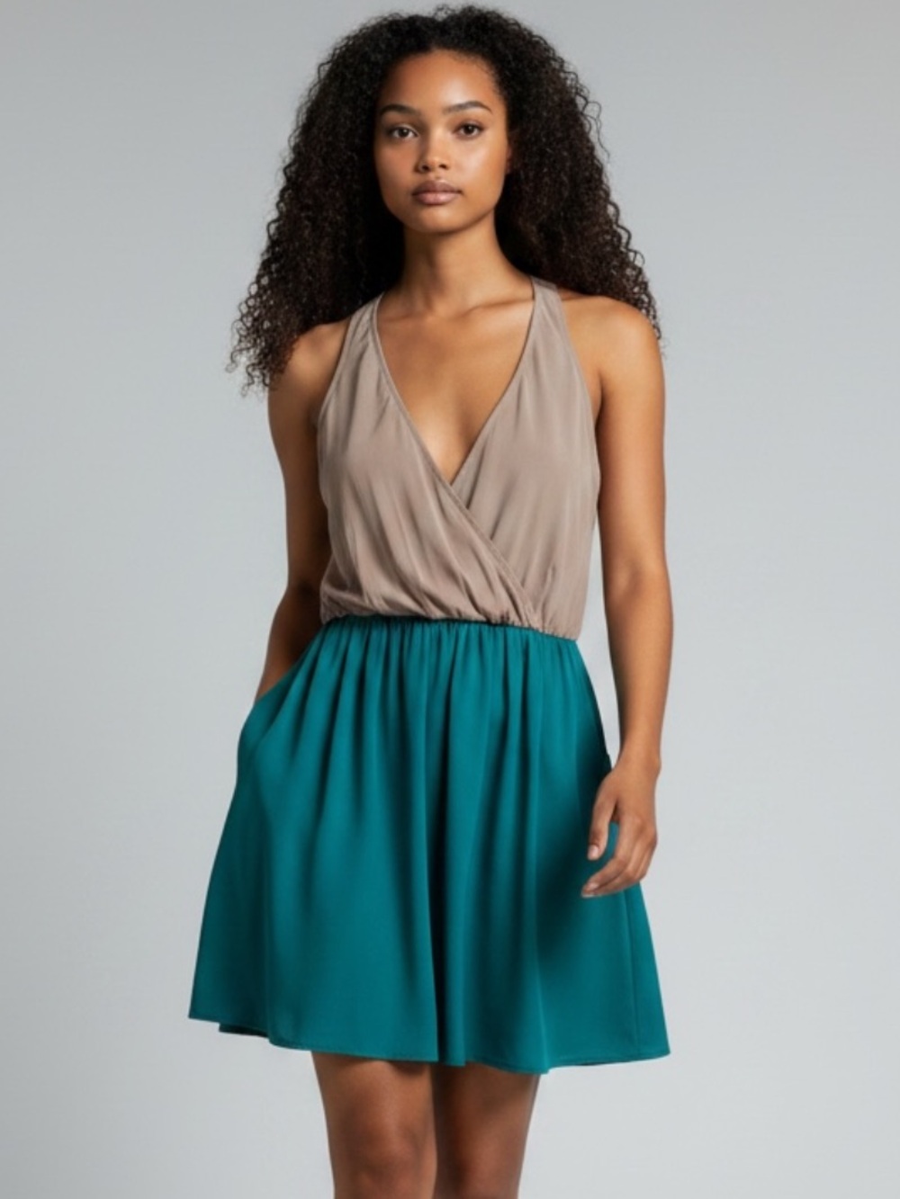 Lulus Sleeveless V-Neck Two-Tone Mini Dress 
Taupe & Teal M Latticework on Back
